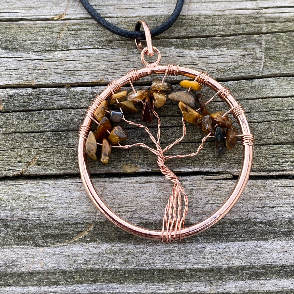 Genuine Tiger’s eye gemstone Tree of Life necklace copper color with cord